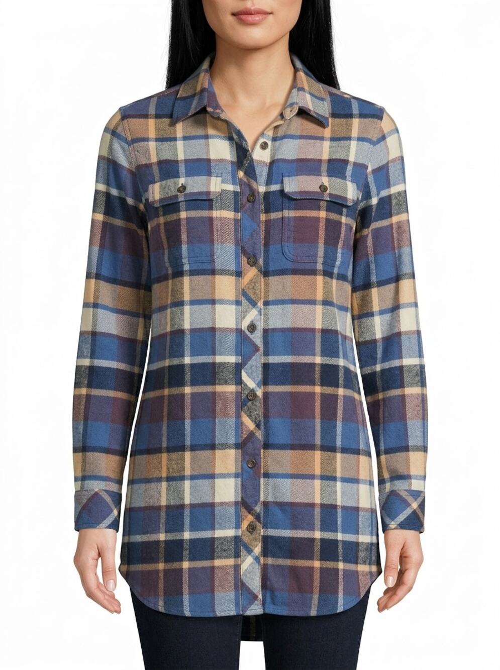 LL Bean Signature Blue Flannel Plaid Tunic Button-Up Shirt Women Size XS